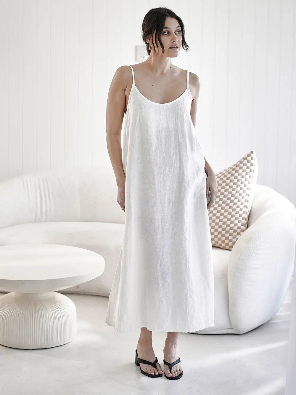 Linen Midi - Off White W' Nutmeg Fine Stripe