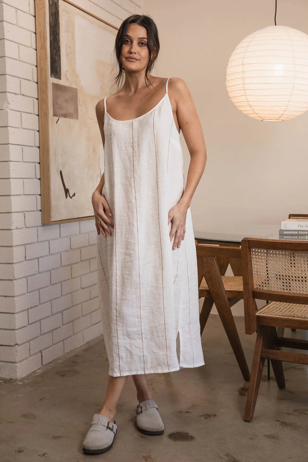 Linen Midi - Off White W' Nutmeg Fine Stripe