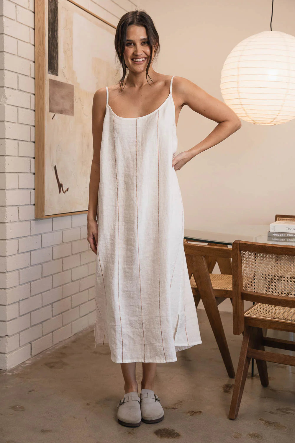 Linen Midi - Off White W' Nutmeg Fine Stripe