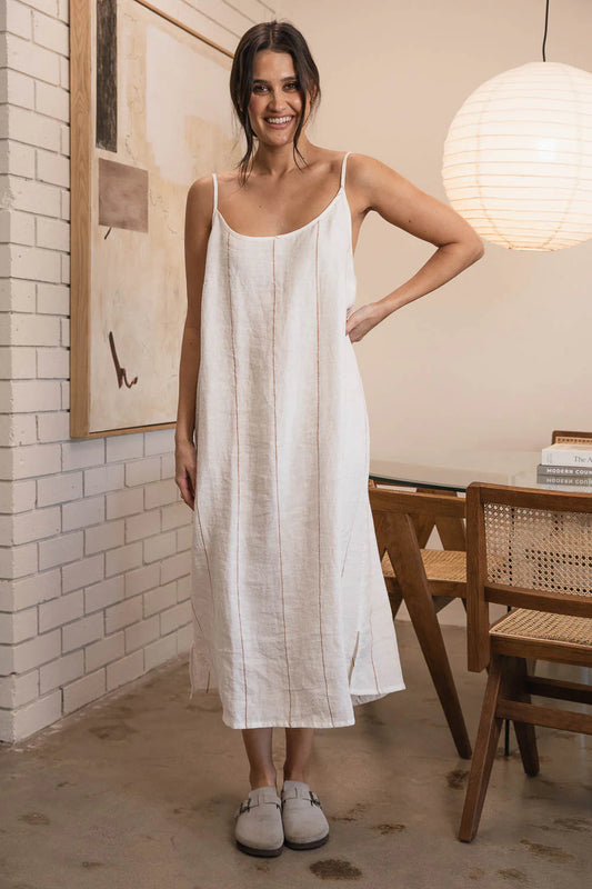Linen Midi - Off White W' Nutmeg Fine Stripe