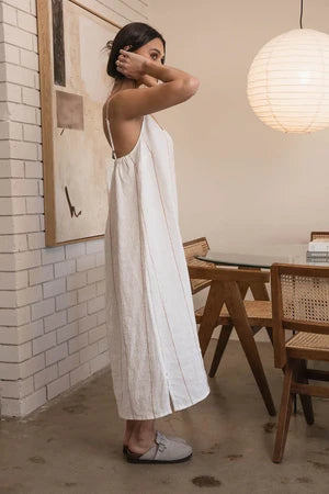Linen Midi - Off White W' Nutmeg Fine Stripe