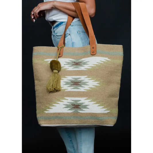 TAN & LIGHT GREEN AZTEC TOTE