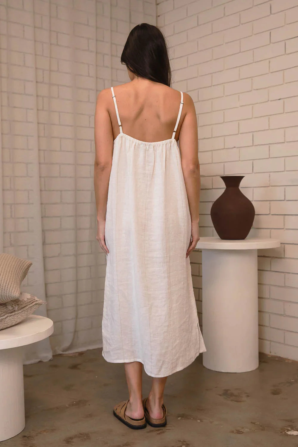 Linen Midi Slip Dress - Off White Natural Fine Stripe