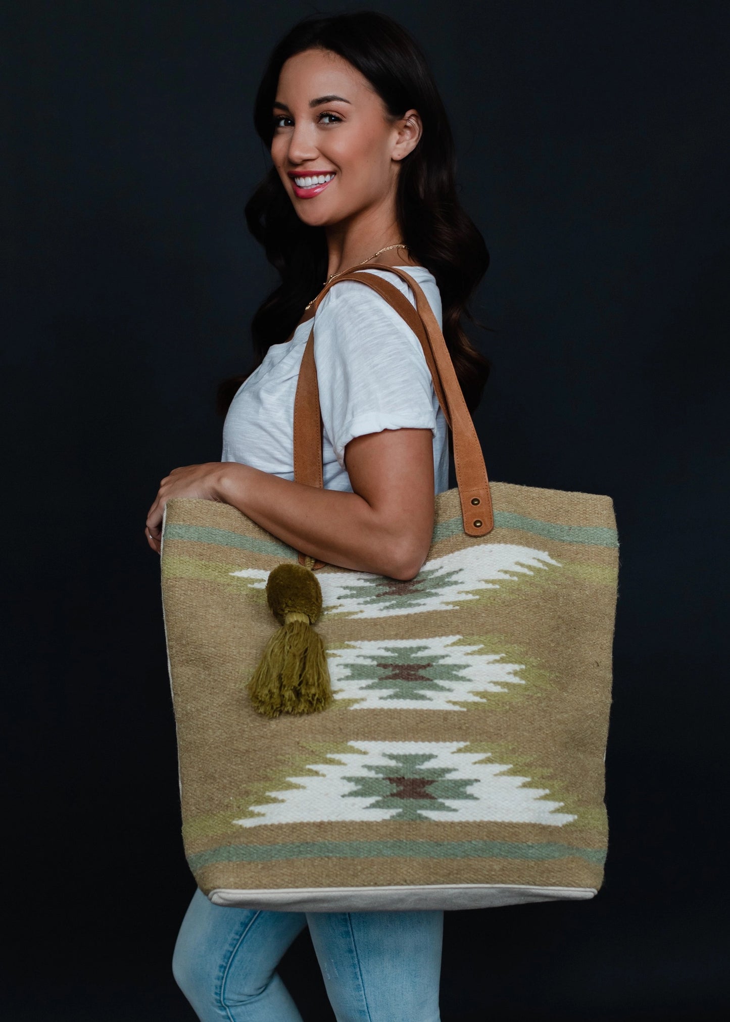 TAN & LIGHT GREEN AZTEC TOTE