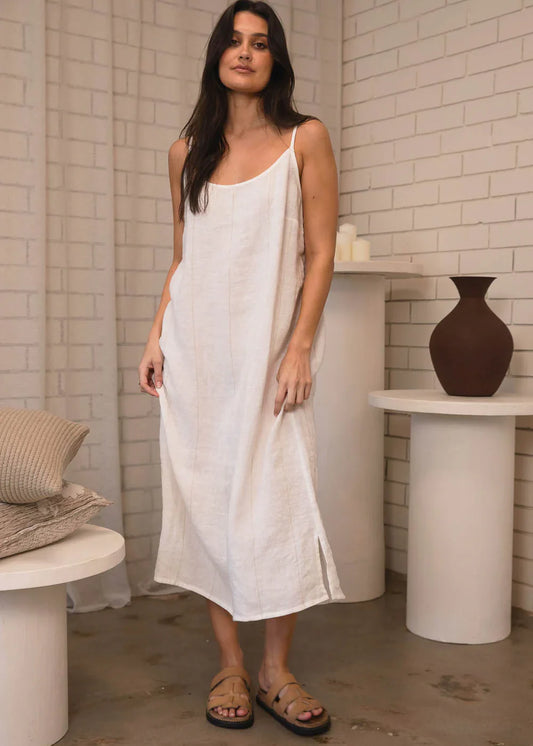 Linen Midi Slip Dress - Off White Natural Fine Stripe