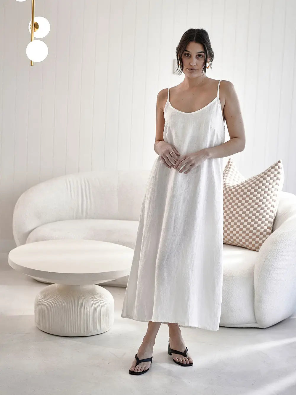 Linen Midi - Off White W' Nutmeg Fine Stripe