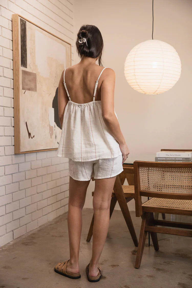 Linen Cami - Off White w' Nutmeg Fine Stripe